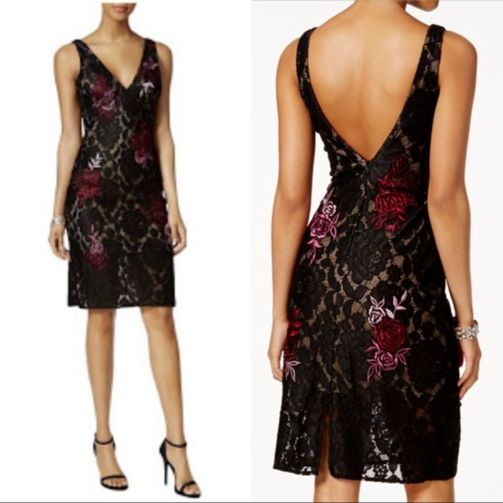 Betsy & Adam Black Lace & Red Roses Sheath Dress 4